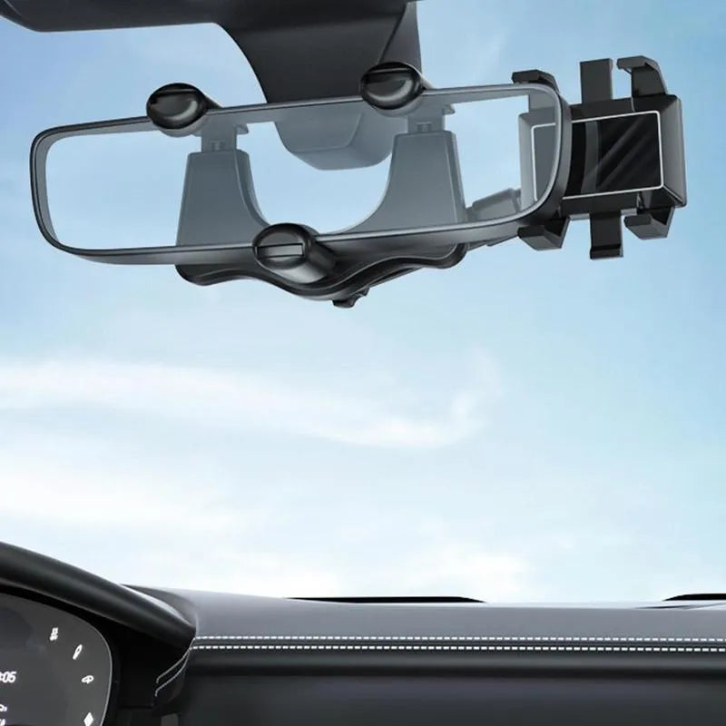 Black rearview mirror car phone holder showing 360° rotation and telescopic arm extended.