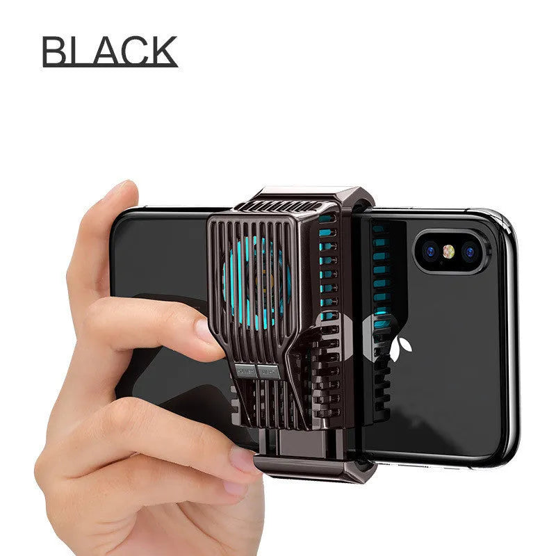 Black mobile phone radiator clip cooling fan for smartphones showing clip mechanism and aluminium alloy construction
