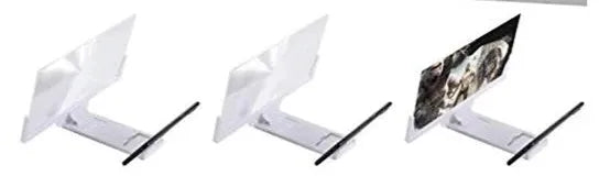 A black magnifying mobile phone stand holding a smartphone, showing the enlarged screen through the acrylic lens.