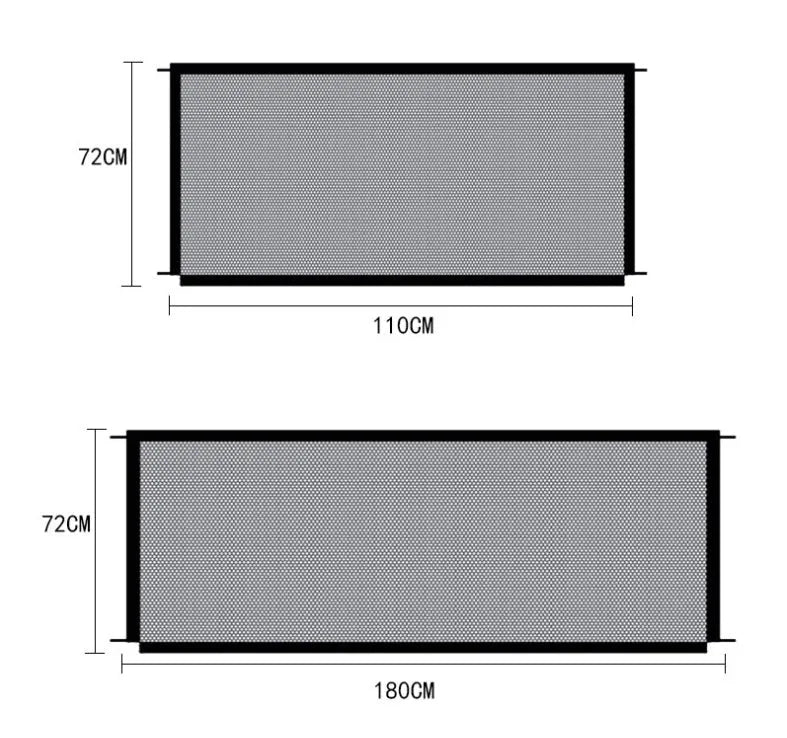 Foldable black cloth pet protection fence placed in a doorway, 110x72 cm size, for holding a small dog