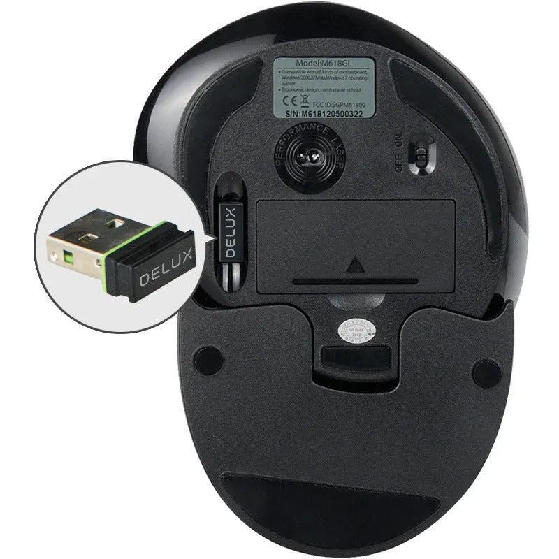 Black M618 wireless vertical ergonomic mouse on a desk next to a laptop, showing its contoured shape and scroll wheel.