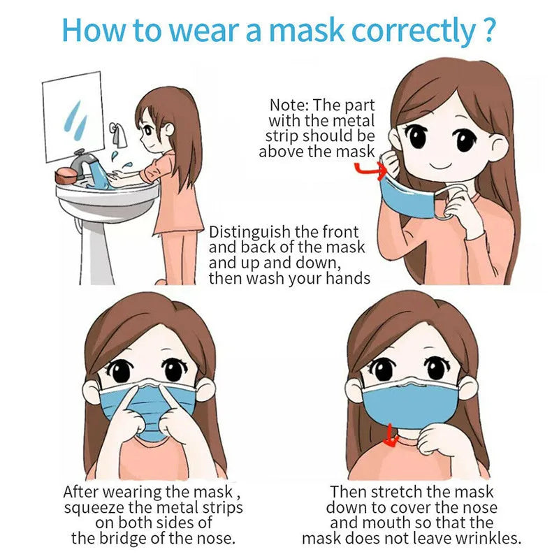 Disposable 3-ply face mask in light blue with ear loops, 175mm x 95mm non-woven fabric