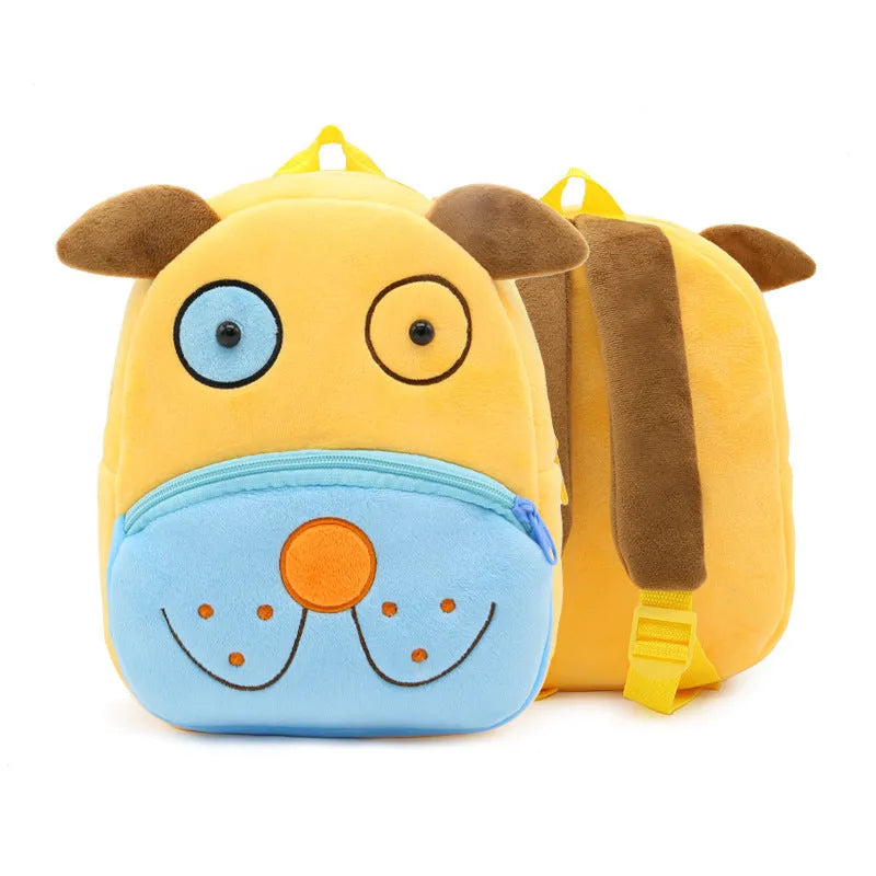 Children's plush animal backpack measuring 26x24x10cm with zipper opening and interior pocket