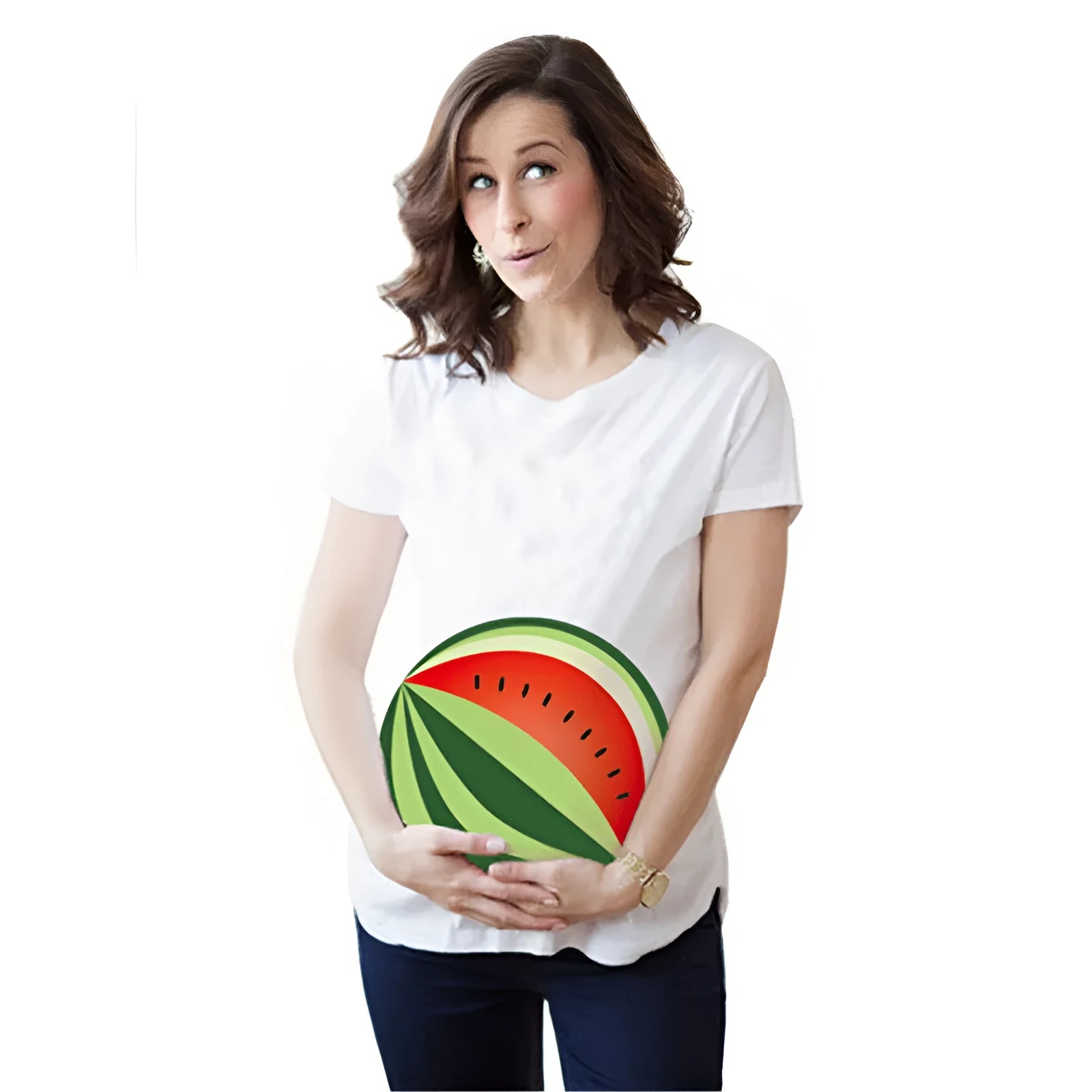 White cotton maternity t-shirt with fun hand print pattern on front