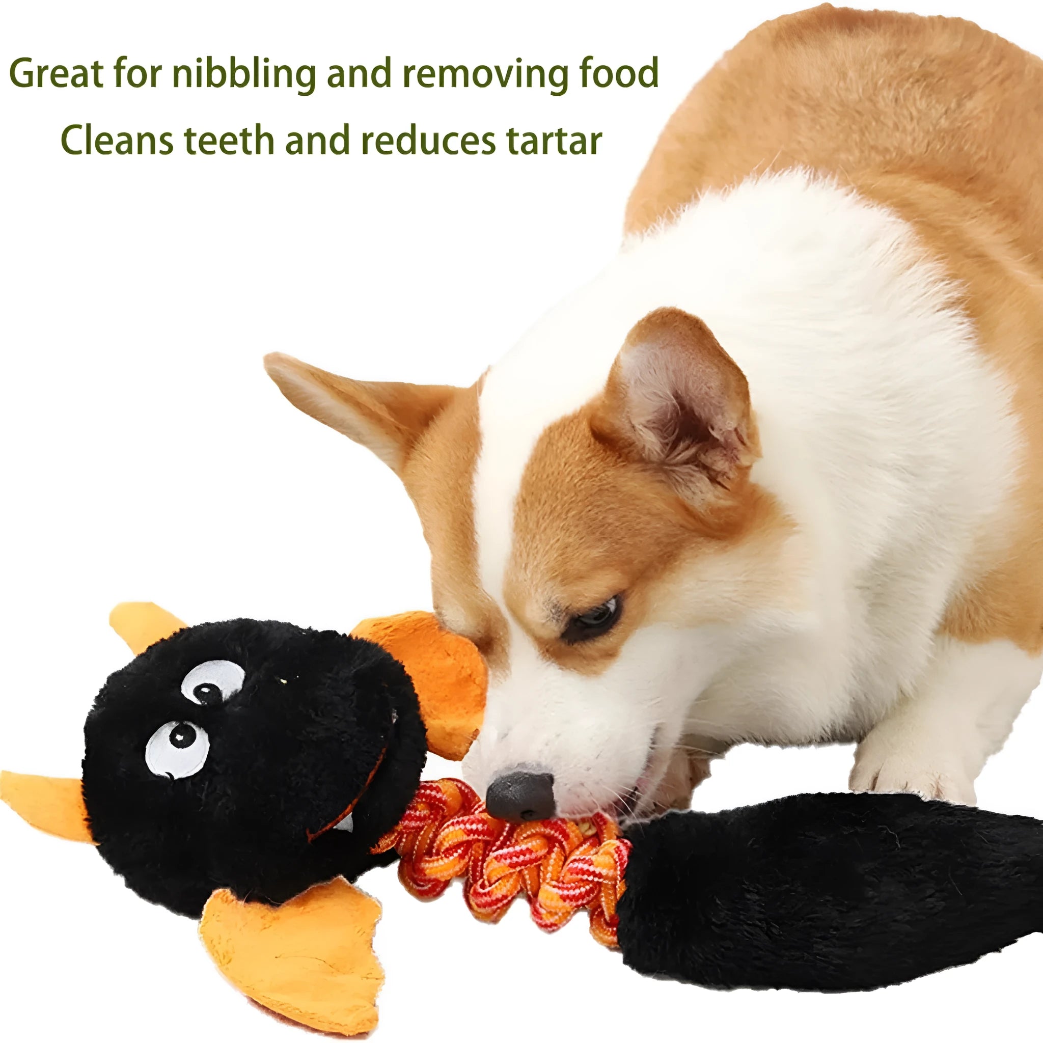 Plush cartoon dog toy with a squeaker and integrated rope knot on a green background.