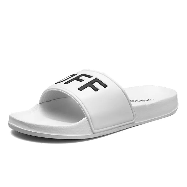 Black and white open-toe men's slippers with a rubber sole, shown on a size chart from 36 to 46.