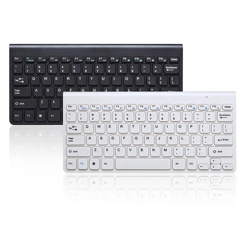 Black and white wireless keyboard and mouse set showing 78-key layout and 4-button mouse.