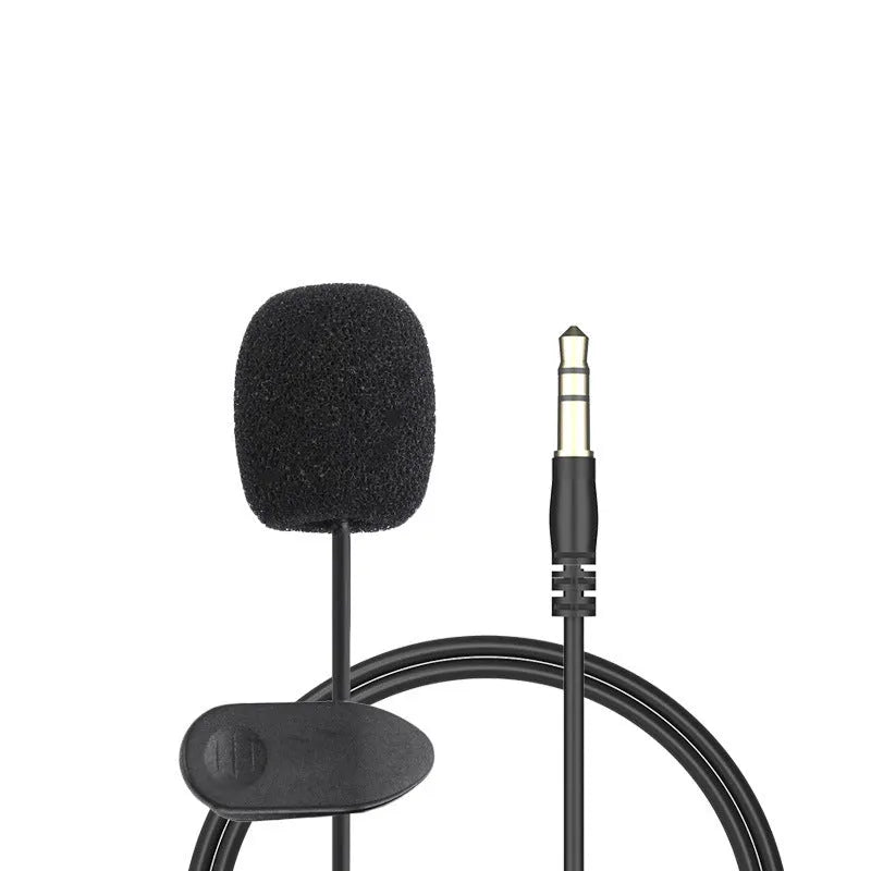 A black clip-on lavalier lapel microphone with a 3.5mm plug and 1.5m cable, compatible with iPhone.
