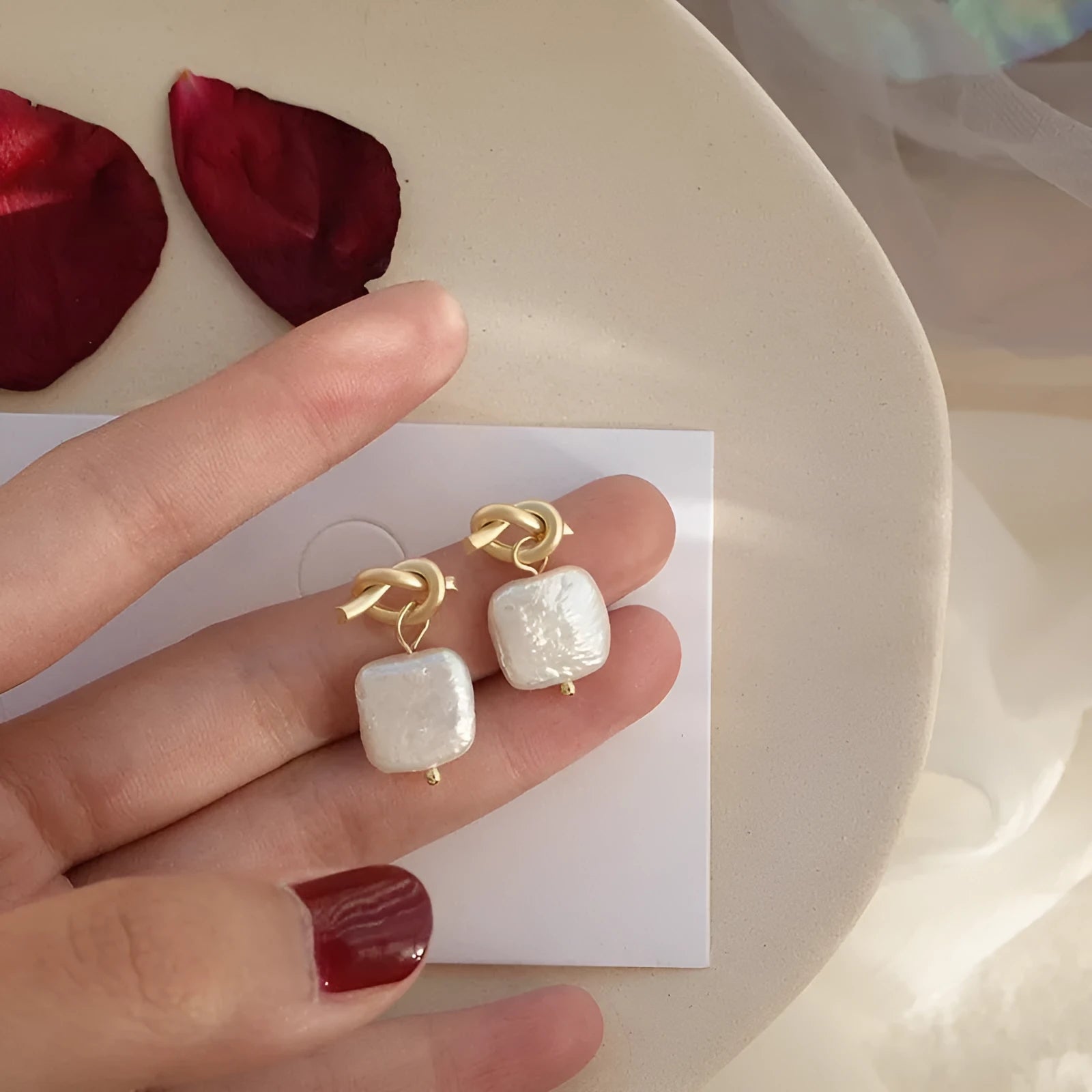 Geometric 925 Silver Natural Pearl Earrings Electroplated Finish in Picture Color Hypoallergenic Stud Earrings for Women Daily Wear and Gifting Individual Packed