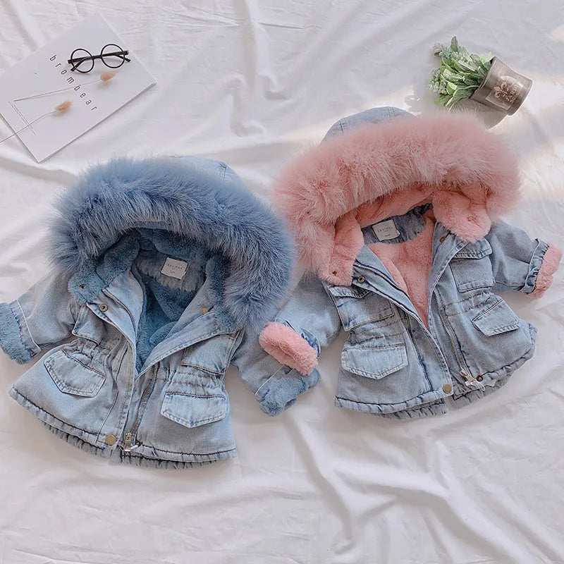 Blue girls denim coat with non-detachable hood and fleece lining.