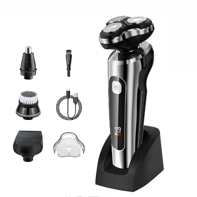 Digital USB rechargeable beard trimmer with LED display on a black base.