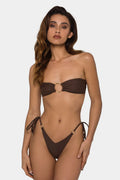 Brown women's tube-top push-up bikini with adjustable halter neck ring and split skirt design.