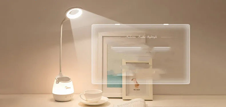 Green rechargeable table lamp with touch switch on a wooden desk.