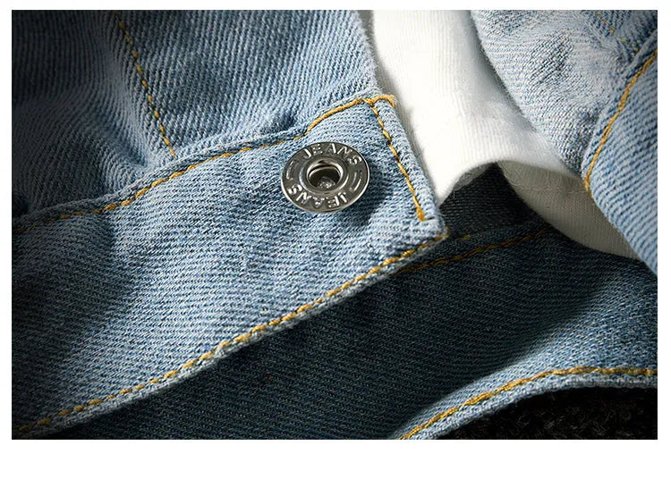 Blue casual denim jacket with lapel collar, loose fit, long sleeves, and multiple pockets