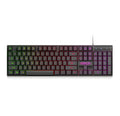 Black USB wired backlit gaming keyboard with frosted keycaps on a desk