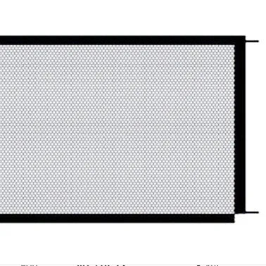 Foldable black cloth pet protection fence placed in a doorway, 110x72 cm size, for holding a small dog