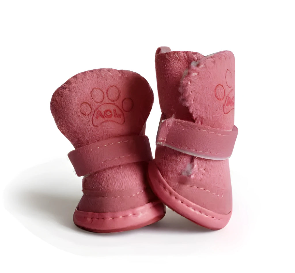 Four khaki velvet dog boots for winter snow walking, size options from small to extra large
