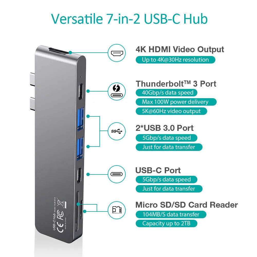 Silver aluminium USB C hub adapter with Thunderbolt 3, HDMI, SD card slots, and USB 3.0 ports