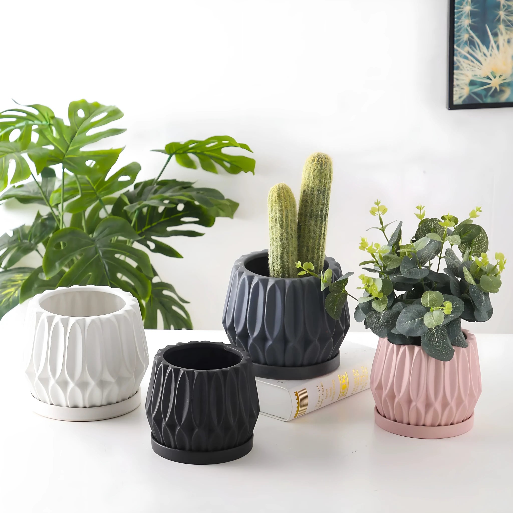 Grey ceramic medium-sized tabletop flowerpot for desktop or floor plants