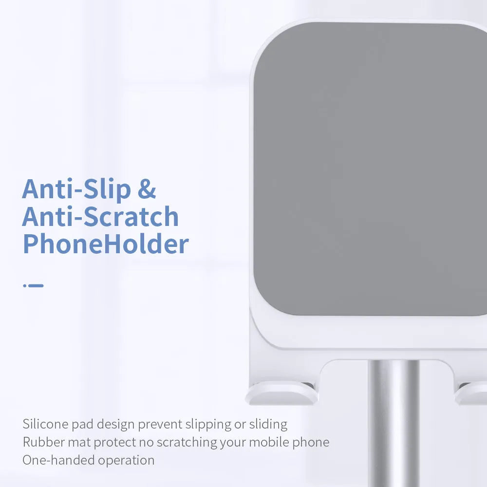 Silver white aluminium alloy desktop stand holding a mobile phone.