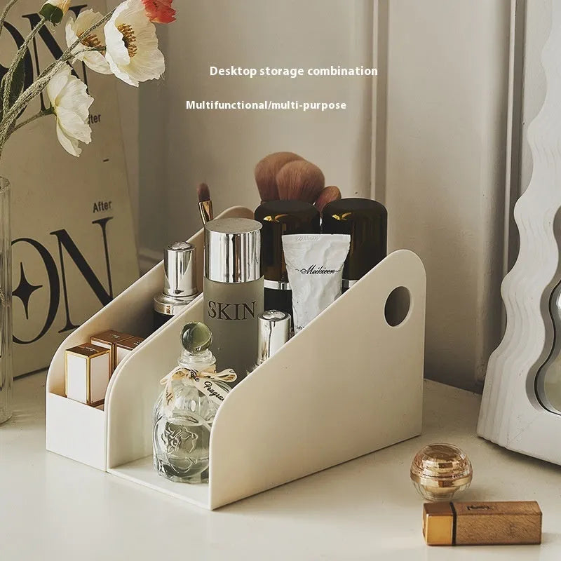 Milk coffee coloured plastic desktop storage box with two internal organiser grids for stationery.