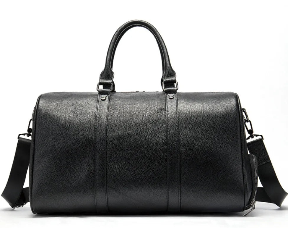 First layer cowhide leather travel bag with independent shoe compartment, zippered main closure, brown colour, soft handle and shoulder strap