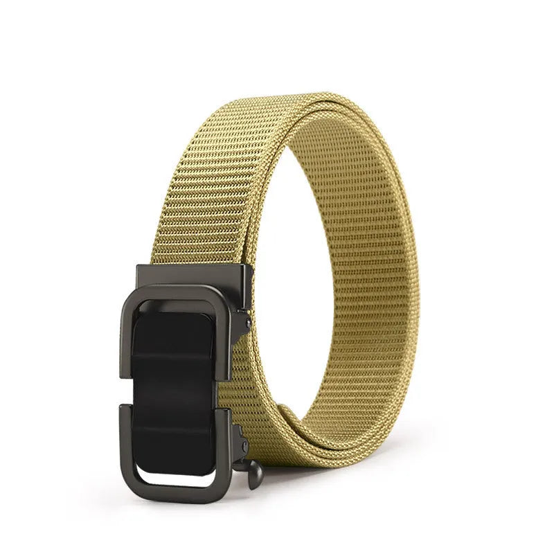 Men's nylon canvas belt with alloy buckle showing multiple colour options including blue, khaki and black