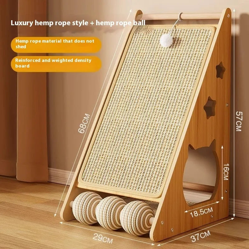 Vertical wall-mounted cat scratch board with sisal fabric and a hanging hemp rope teasing ball.