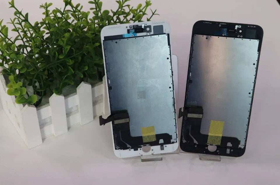iPhone LCD replacement screen with capacitive touch layer and disassembly tool.