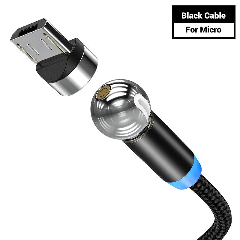 Black magnetic charging cable with spherical connectors showing 360-degree rotation on a table.