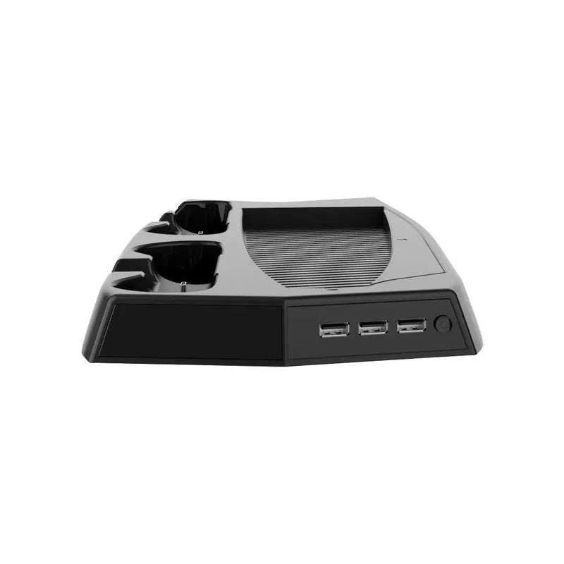 Black PS5 charging cooling base with USB hub, dual controller charging stations, and cooling fan