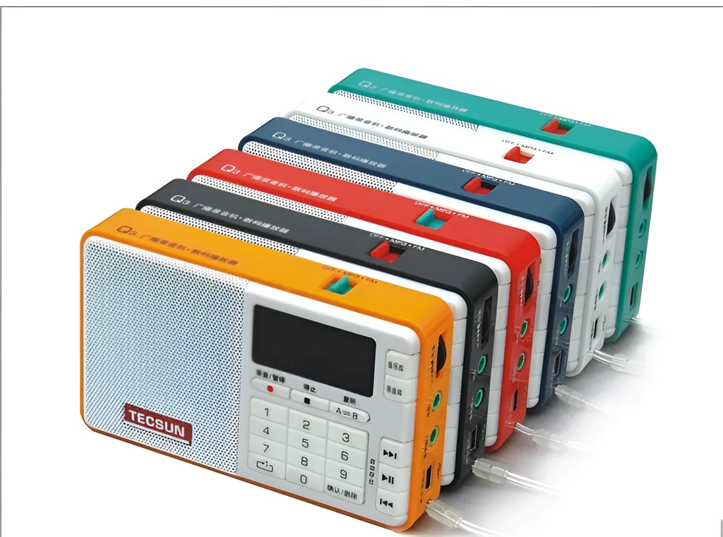 Tecsun Q3 digital audio player in multiple colours showing front display and control buttons.