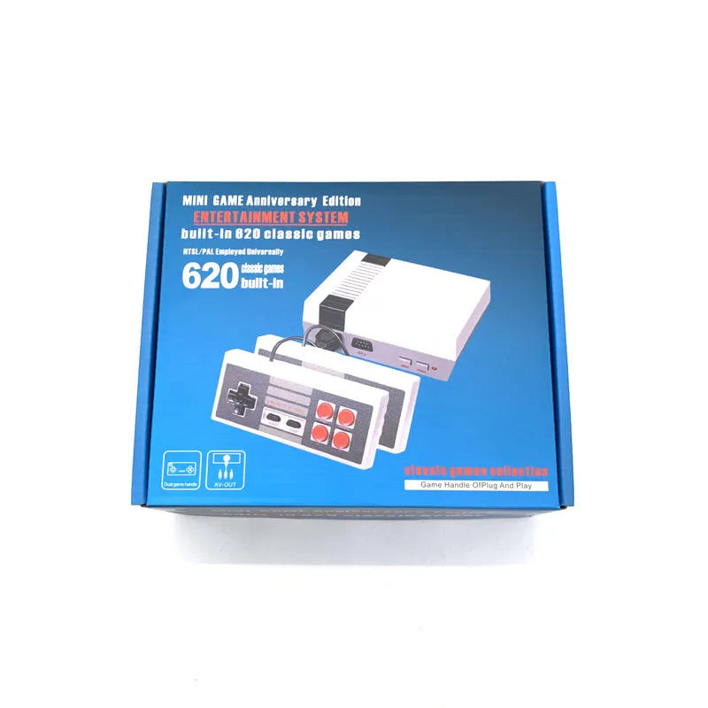 Compact black NES 8-bit retro game console with two classic controllers on a white background.