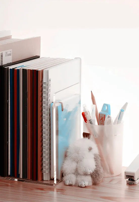 Transparent acrylic bookshelf displaying books in organised pairs on a desk