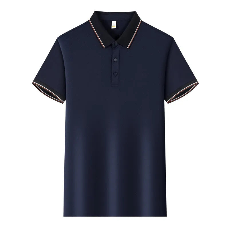 Short-sleeved light blue work shirt with a turnover collar and dark contrast stitching on the seams and pocket.