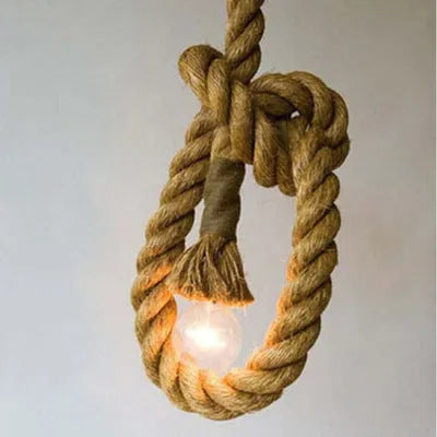 American country style braided hemp rope chandelier with single head on 3m drop against neutral wall