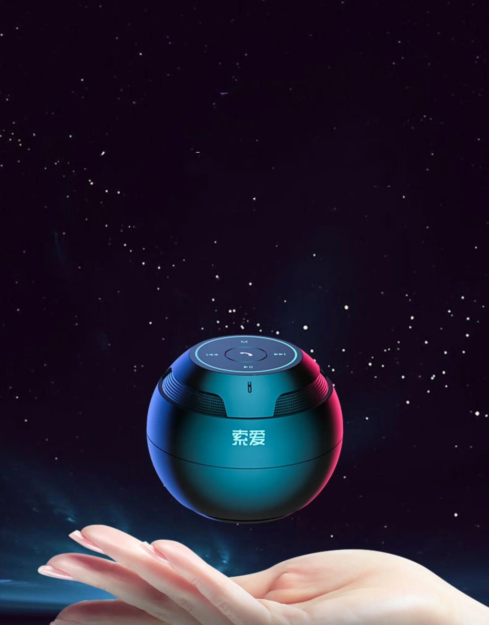 Mini portable Bluetooth speaker in black with compact 76x76x63mm plastic shell and USB port