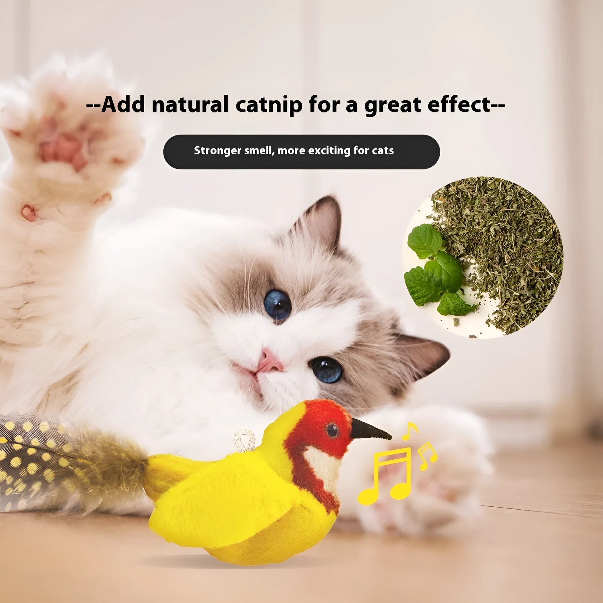 Plush bird simulation cat toy in four colour options: blue kingfisher, colourful bird, sparrow, yellow bird