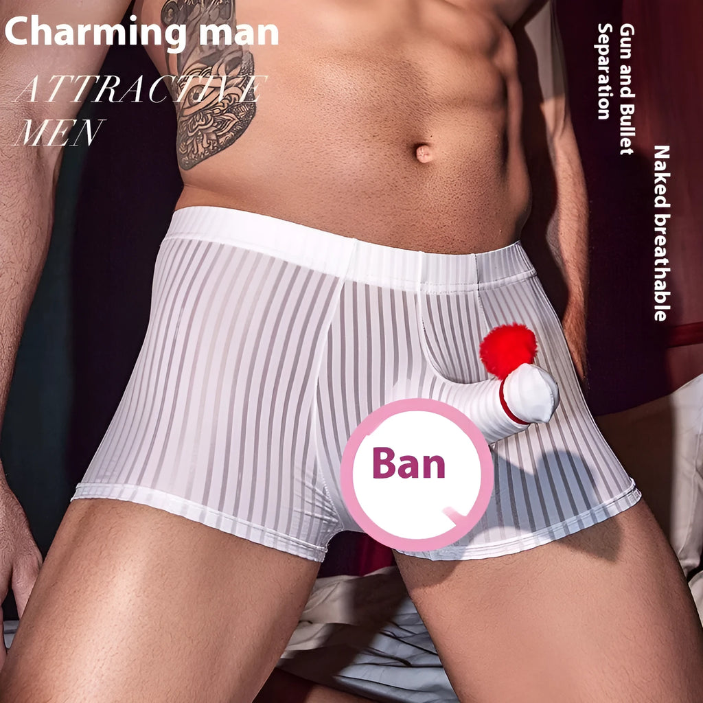 Men's black vertical-striped boxer briefs laid flat, showing elasticated waistband and leg openings.