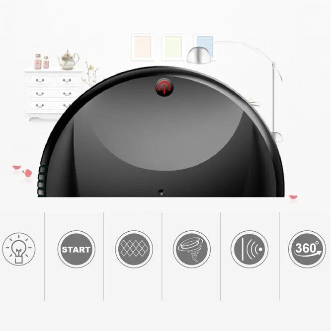 Smart vacuum cleaner charging version in black on a wooden floor with automatic obstacle sensing