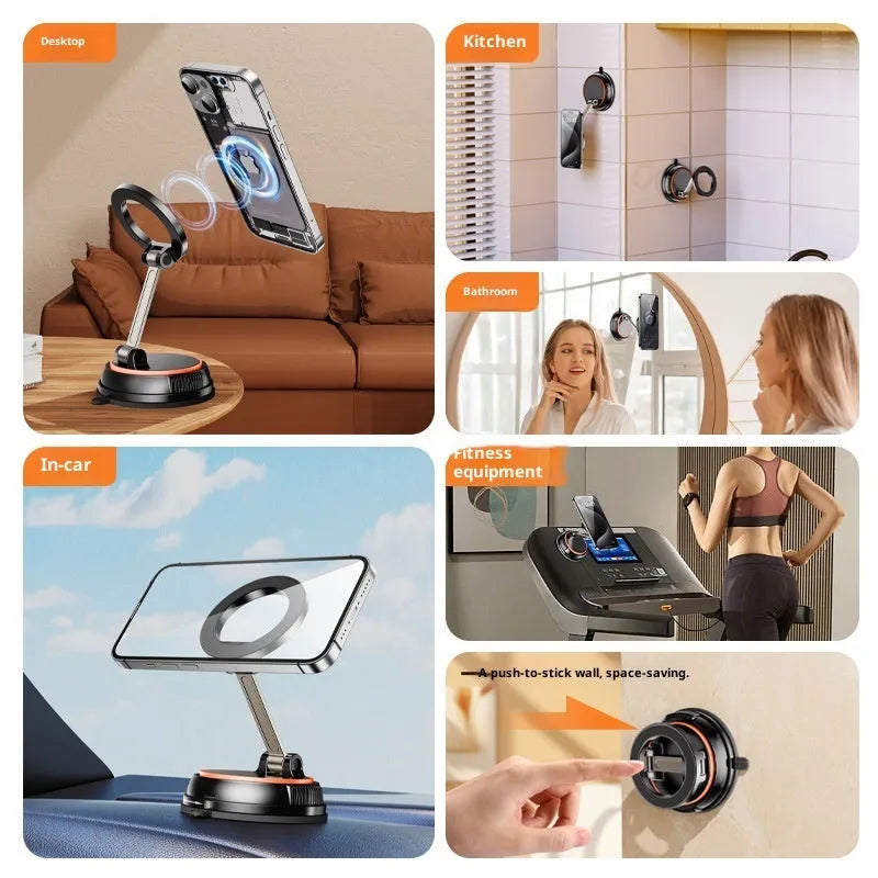 Foldable metal magnetic car phone holder in black and orange on a dashboard