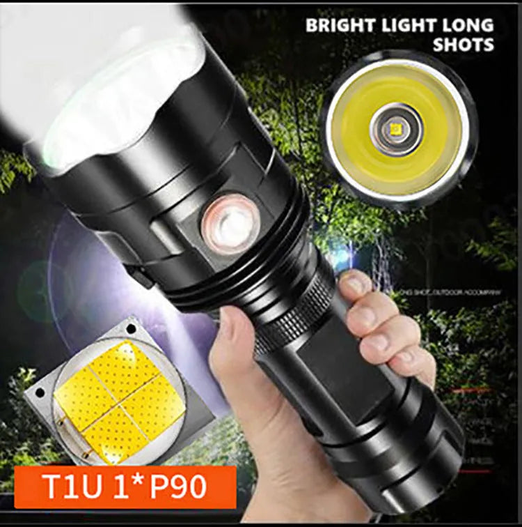 Black aluminium XHP90 LED tactical flashlight with push switch and charging port.