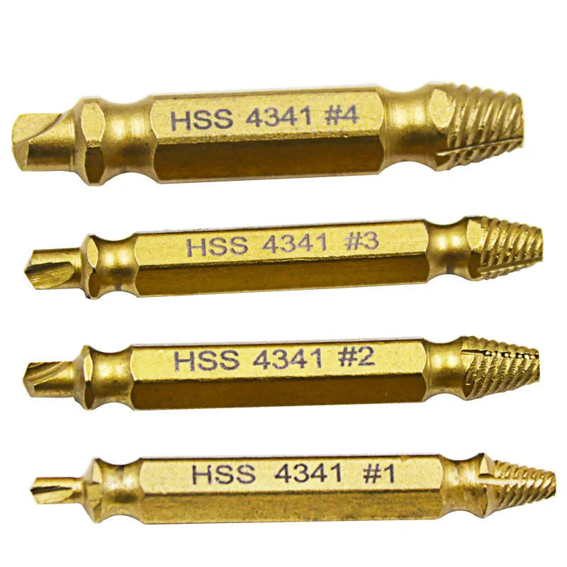 Five-piece high-speed steel screw extractor set with 4341 model for removing damaged fasteners and nails.