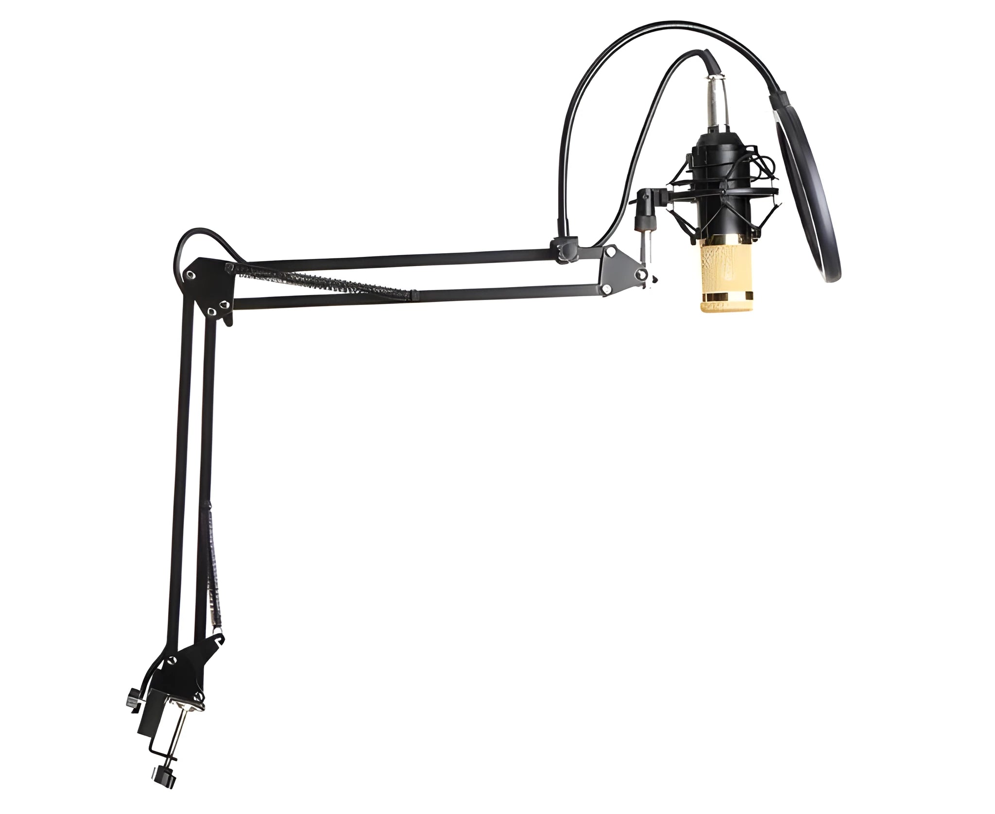 BM800 condenser microphone set in black with metal shock mount and cantilever bracket on a desk
