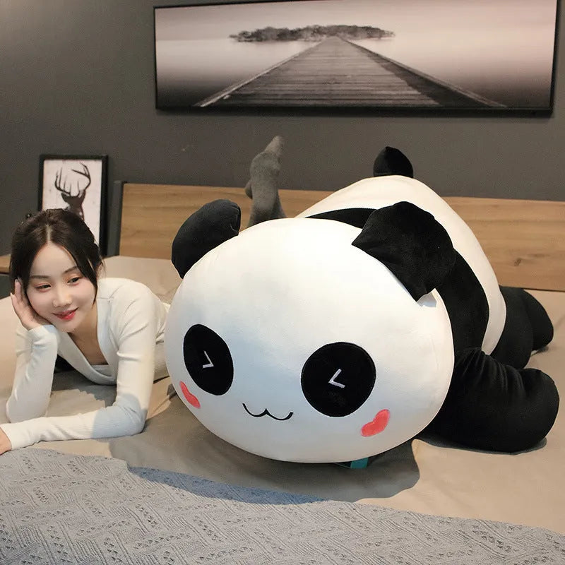 Lying Panda Pillow Large Sleeping Pillow 85cm Stretch Soft Velvet Fabric Down Cotton Fill Triangle-Eye Smile or Round-Eye Laugh Novelty Cushion for Bed Sofa Nap Rest Support