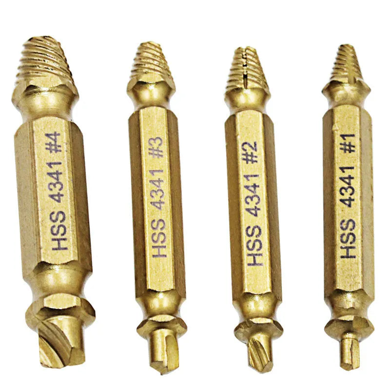 Five-piece high-speed steel screw extractor set with 4341 model for removing damaged fasteners and nails.