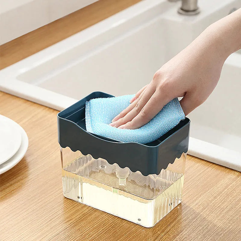 White ABS plastic 2-in-1 kitchen soap dispenser with sponge holder and top-fill pump