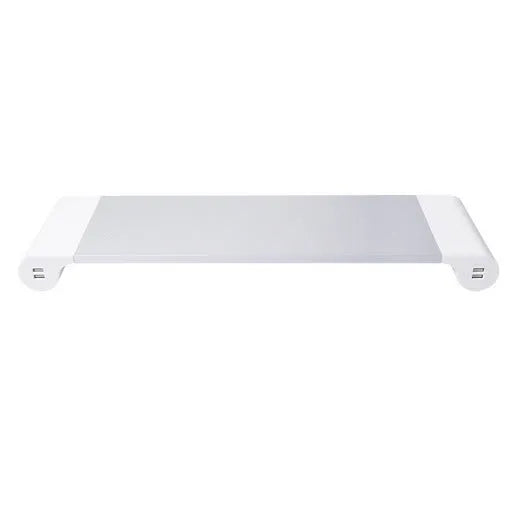 Smart aluminium and plastic computer monitor stand with USB charging ports and a hidden keyboard storage shelf