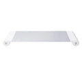 Smart aluminium and plastic computer monitor stand with USB charging ports and a hidden keyboard storage shelf