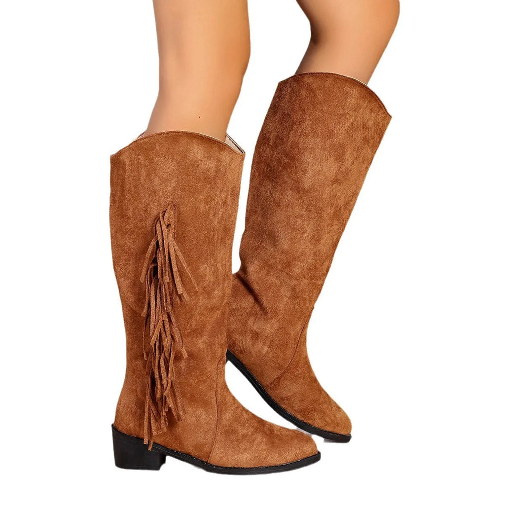 Women's brown fringe chunky heel suede tassel boots with pointed toe, slip-on style